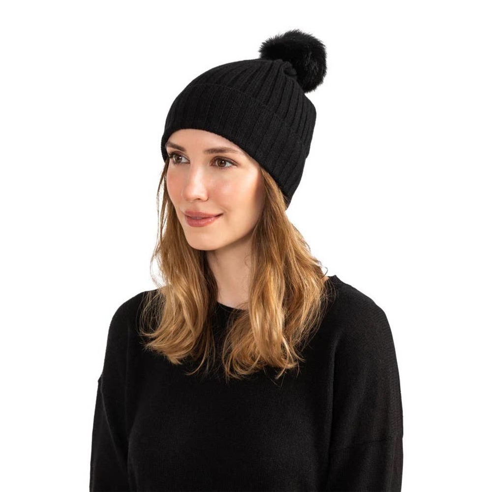 NEW Amicale Cashmere Beanie with Shearling Pom Black One Size
